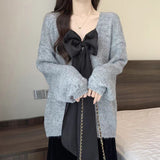 thanksgiving outfit Tineit Bow Sexy Backless Women Sweater Knitted Reversible Gray Loose Lazy Chic Pullover Simple Harajuku Sweet Student Jumpers