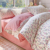 Tineit Korean Pink Rose Duvet Cover Set Soft Green Flat Sheet Quilt Cover Pillowcase Bed Linen Twin Queen Full Size Floral Bedding Set