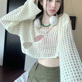 thanksgiving outfit Tineit Chic Hollowed Out Smock Women Long-Sleeve Solid Sexy Cropped Tops Blouse Harajuku Fashion Loose Knitted Y2K High Street Sweater