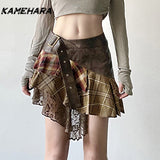 Tineit E-girl Gothic Y2k Irregular Grid Splicing V-shape Waist Plaid Skirt Retro Personalized Lace Short Skirt Female Clothing