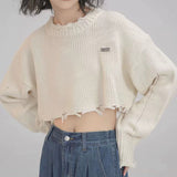 thanksgiving outfit Tineit Y2K Ripped Knitted Crop Sweater Women Autumn Fashion Long Sleeve Tassel Pullover Korean Loose Streetwear Hollow Out Chic Jumper