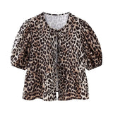 Tineit Leopard Shirt Summer Crop Top Puff Sleeve Blouse With Lace-up Closing New Women's Clothing