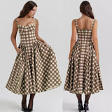 Tineit Sexy Plaid Print Sling Dress Women Elegant Patchwork Sleeveless Backless Pleated Female Maxi Dresses 2024 Summer Chic Lady Robes