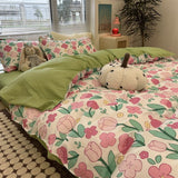 Tineit Pastoral Floral Rose Bedding Sets Flat Bed Sheet Duvet Cover Single Double Full Queen King Bedclothes Ins Pure Bedroom Linen