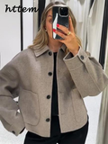 Tineit Casual Woolen Blends Coats Women Loose Lapel Single Breasted Long Sleeve Female Jacket 2024 Autumn Lady Gray Cozy Street Outwear