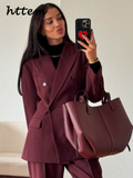 Tineit Elegant Women's Burgundy Suit Jacket Vintage Lapel Double Breasted Pocket Full Sleeve Blazer 2024 Autumn Lady Office Outwear New