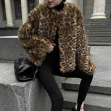 Tineit Leopard Print Faux Fur Short Coat Women Single Breasted O-neck Solid Furry Long Sleeve Jacket Fashion Plush 2025 Autumn Outwear