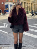 Tineit Women's Fashion Burgundy Fluffy Furry Warm Cropped Coat Elegant Faux Fur Lapel Thicken Warm Jacket 2024 New Lady Chic Streetwear