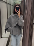 Tineit 2024 Fashion Grey Scarf Collar Jacket For Women Autumn Elegant Loose Long Sleeve Short Coat New Female Classic Casual Streetwear