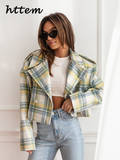 Tineit Vintage Plaid Short Coats Women Loose Lapel Single Breasted Long Sleeve Female Jackets 2024 Autumn Lady Fashion Commute Outwear