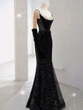 Tineit Elegant Mermaid Spaghetti Straps Black Sequin Long Prom Dresses Party Dress With Beads (PRE-ORDER)