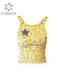 christmas outfit Tineit Women Yellow Graphic Print Crop Top with Star Vest 90s Aesthetic Corset Top Sleeveless Off Shoulder Y2k Tank Tops 2000s Clothes