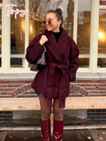 Tineit 2025 Elegant Women's Burgundy Red Lace Up Woolen Coats Autumn Chic Full Sleeve Lapel Collar Jackets Female New Trendy Streetwear