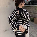 thanksgiving outfit Tineit Striped Knit Cardigan Women Black White Patchwork Fall Winter Warm Button Sweater Fashion Elegant Loose Chic Twist Coat