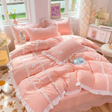 Tineit Kawaii Korean Bedding Sets No Filling Ins Princess Style Lace Bow Duvet Cover Fitted Sheet Girl Woman Home Bedroom Bed Linens