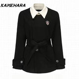 Tineit Japanese Shibuya Streetwear Black Suit Jacket for Women Autumn Winter Small Waist College Style High-end Two-piece Sets