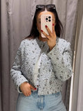 Tineit Fashion Silver Sequins Autumn Winter Jacket Woman Elegant O-Neck Long Sleeves Cropped Coats Female Casual Open Front Outerwear