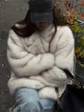 Tineit White Elegant Lapel Fluffy Faux Fur Thermal Coat Women Fashion Long Sleeves Thick Warm Jacket 2024 New Chic Lady Winter Overcoat