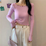 thanksgiving outfit Tineit Autumn Slim Knitted Crop Sweaters Women Fashion Solid Long Sleeve Square Collar Pullovers Korean All Match Chic Casual Sweaters