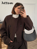 Tineit Elegant Women's Short Woolen Coats Loose O-neck Double Breasted Long Sleeve Cropped Jacket 2024 Autumn Lady Chic Commute Outwear