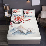 Tineit Chinese Style Fitted Sheet Set Ink Painting Plum Mountains Print Mattress Covers Soft Breathable Bedding Set With Deep Pocket