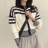 thanksgiving outfit Tineit Striped Knitted Sweatshirt Women Patchwork Sporty Stand Collar Chic Running Spring Fall Jacket Simple Zipper Cropped Sweater