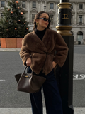 Tineit 2025 Fashion Brown Women's Lace Up Faux Fur Coat Vintage V-neck Long Sleeve Fluffy Plush Jacket New Chic Ladies High Streetwear