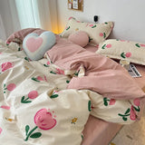 Tineit Ins Pink Tulip Bedding Set Floral Duvet Cover Flat Sheet with Pillowcases No Filling Single Queen Size Boys Girls Bed Linen