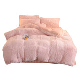 Tineit Luxury Winter Warm Long Plush Pink Bedding Set Queen Mink Velvet Double Duvet Cover Set with Fitted Sheet Warmth Quilt Covers