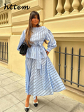 Tineit Elegant Stripe Print Skirt Set Women Fashion Belt Lantern Sleeve Shirt Pleated Long Skirts 2024 Spring Summer Casual Lady Outfit