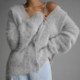 Tineit Mohair Furry Fashion Cardigan Women Single Breasted V-neck Loose Solid Long Sleeve Sweater 2025 Autumn New Chic Street Coat Top