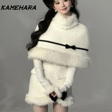 Tineit Autumn French High-end Fashion 3-piece Set Fur Collar Shawl Style Bow Top Harajuku Style Half Skirt High-end Y2k Sets