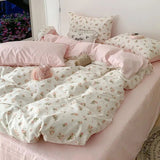 Tineit Pink Floral Bedding Set Soft Ins Single Double Queen Size Duvet Cover Flat Sheet Pillowcase Girls Home Totel Bed Linens