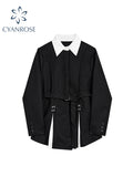 christmas outfit Tineit Women Black Gothic Blazer Elegant Vintage 90s Fashion Coat with Belt Y2k Suit Jacket Harajuku Long Sleeve Outwear 2000s Clothes