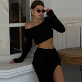 Tineit Knitted Elegant Sweater Skirts Set Women Long Sleeve Slim Short Pullover Top Split Bodycon Skirt Suits 2 Pieces Chic Solid