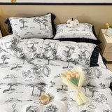 Tineit Ink Style A-class Skin Friendly Washed Cotton Four Piece Set With Lotus Leaf Lace Bedding, Bedsheet, Duvet Cover, Single Bed