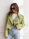 Tineit Plaid Short Woolen Jacket Women Double Breasted Turn-down Collar Casual Chic Long Sleeve Coats 2025 Autumn New Street Outwear