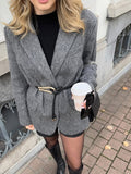 Tineit Classic Grey Wool Blends Blazer Jacket For Women Chic Turndown Collar Flip Pockets Long Sleeve Suit Coat Lady New Office Outwear