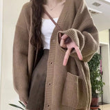 thanksgiving outfit Tineit Gray Cardigan Sweater Women Korean Medium-Length Spring Autumn Loose Lazy Vintage Knit Sweater Casual Buttons Harajuku Jumpers