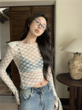 Tineit Sexy Tshirts Women's Clothing See Through Lace Summer Tees Crop Tops 2025 Ropa Mujer Slim Waist Hollow Out T Shirt Korean Tees