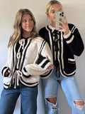 Tineit Striped Knitted Lace Up Cardigan Women O-neck Chic Loose Elegant Long Sleeve Sweaters 2025 Spring Casual Pocket Coat Lady Tops