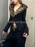 Tineit Leopard Cardigan Women Japanese Gyaru V-neck Long Sleeve Streetwear Slim Sexy Cardigan Sweater Y2k Vintage Top Autuam