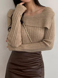 Tineit Solid Lapel Neck Slim Knit Sweater