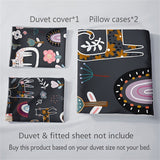 Tineit 3pcs Cat & Floral Print Bedding Set - Includes 1 Duvet Cover and 2 Pillowcases, Breathable Polyester, Machine Washable - Perfect