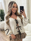 Tineit Lace Up Leopard Print Heart Cardigan Women Patchwork Contrast Color Fashion Knitted Loose V-neck Sweaters 2025 Autumn Chic Coat