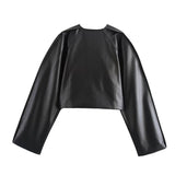 thanksgiving outfit Tineit autumn new women's clothing faux leather round neck long sleeved jacket, high waisted straight leg pants fashion set