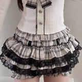 Tineit Cute Soft Girl Style Gray White Checkered Lace Patchwork Short Skirt Bow Waist Cinching Patchwork Top Autumn Y2k Sets