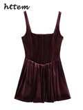 Tineit Sexy Velvet Mini Party Dress Women Burgundy Square Collar Sleeveless Backless Sling Dresses 2024 Autumn Lady Pleated Vestido New