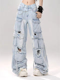 christmas outfit Tineit Women Blue Baggy Cargo Jeans Harajuku Ripped Denim Trousers Y2k Aesthetic Vintage Japanese 2000s Style Jean Pants Trashy Clothes