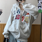 Tineit 2024 Fall Fashion Aesthetic Embroidery Letters Zip Up Hoodie